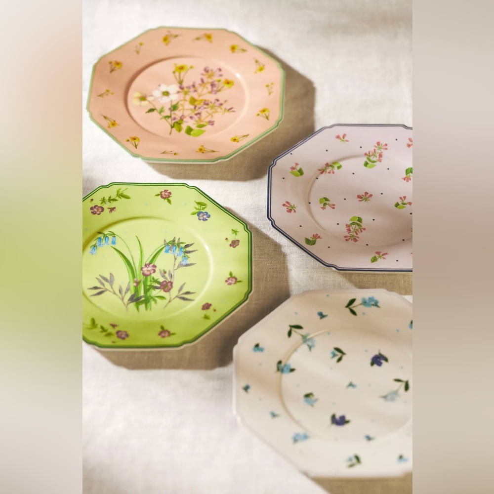 Anthropologie Pia Garden Varity Floral Octagonal Dessert Plate Set - Multicolor
